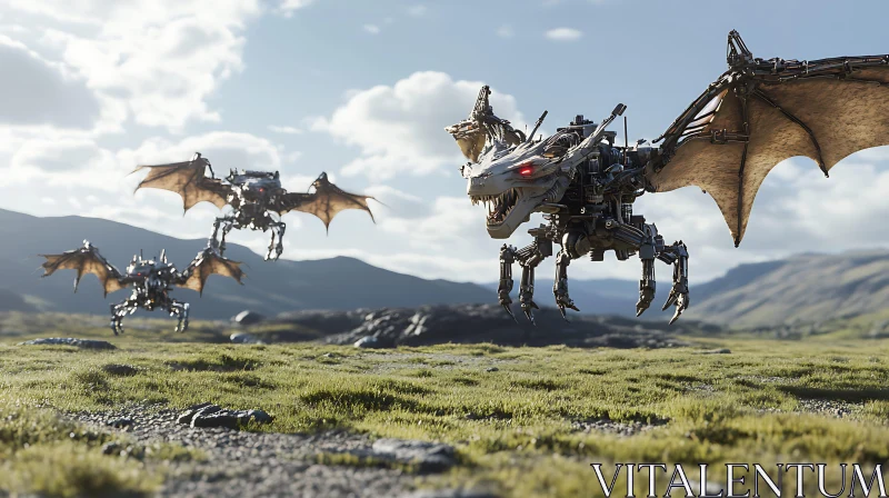 AI ART Steampunk Dragons in Grassy Field