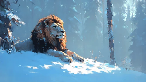 Regal Lion in Winter Landscape