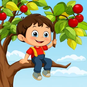 Cartoon Boy in Apple Tree Illustration