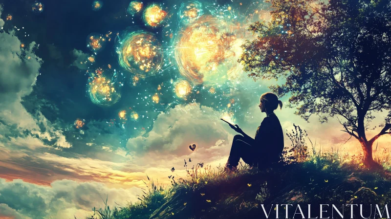 Woman Reading Under Magical Sky AI Image