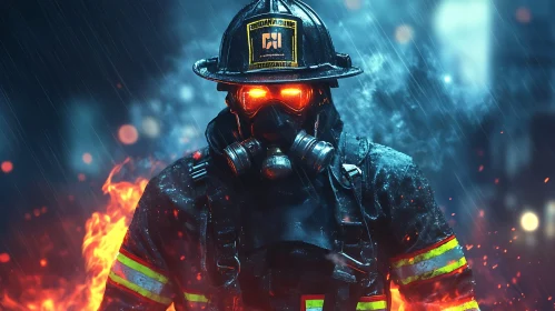 Brave Firefighter Amidst Fire and Rain