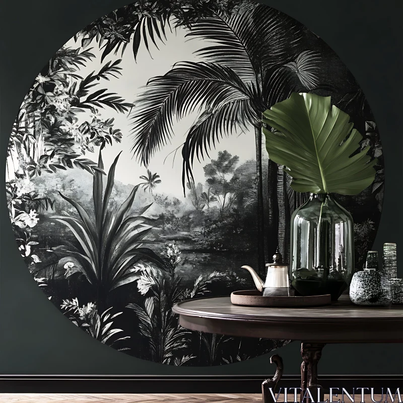 Monochrome Tropical Mural Interior Decor AI Image