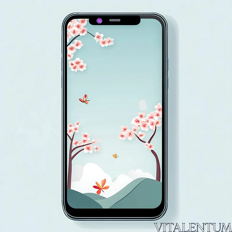 Cherry Blossoms and Butterflies Illustration AI Image