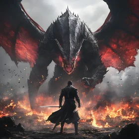 Warrior Facing Dragon in Fiery Landscape