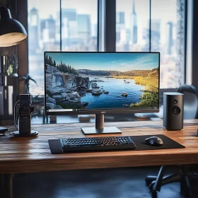 Stylish Office Setup Overlooking Cityscape