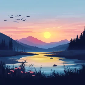Mountain River at Sunset