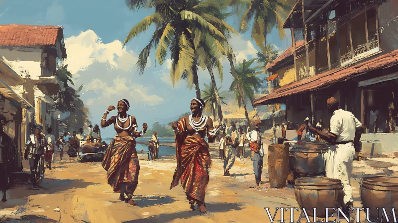 Festive Dancers in a Tropical Village AI Image