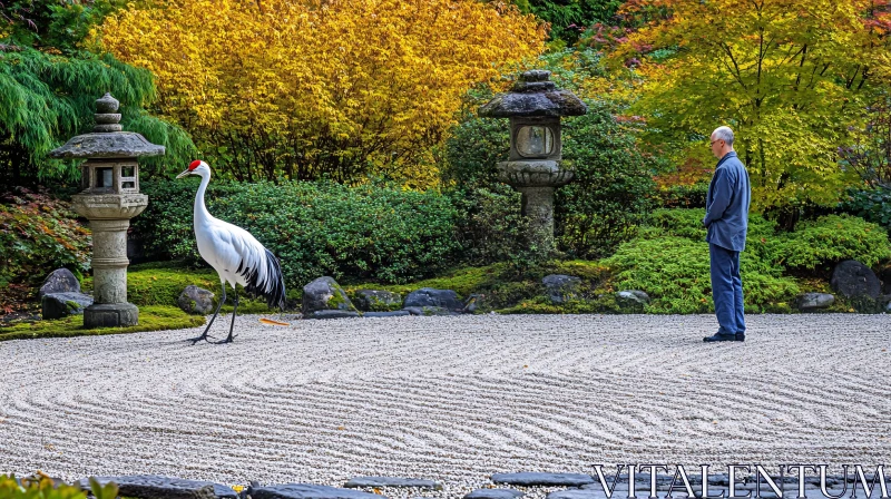 Serene Japanese Garden with Crane and Man AI Image