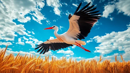 Stork Flying Above Wheat Field