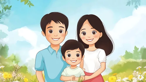 Happy Family Cartoon in Nature