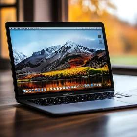 Laptop with Autumn Mountain Landscape on Screen