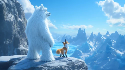 A Yeti and a Fox on a Mountain Peak