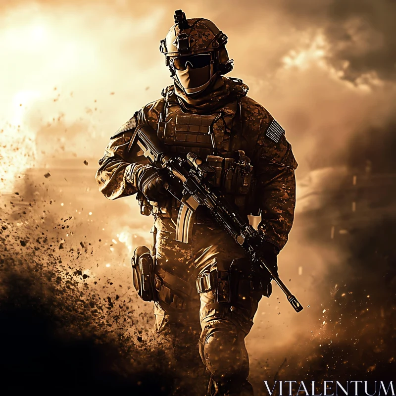 Soldier with Rifle in Smoky Environment AI Image