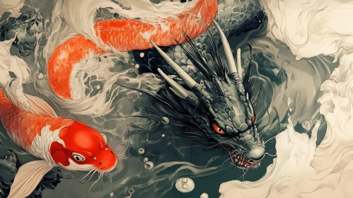 Aquatic Dragon with Koi Fish Artwork