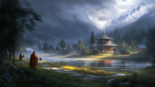 Tranquil Lake Monastery Mountain Scenery