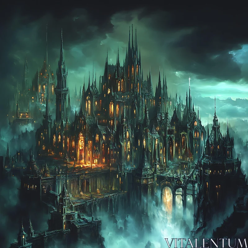 Gothic Castle Amidst Swirling Mist AI Image