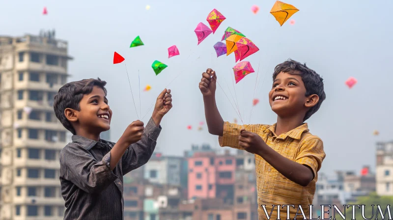 Boys Flying Kites in the City AI Image