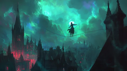 Silhouette on a Tightrope Over Metropolis