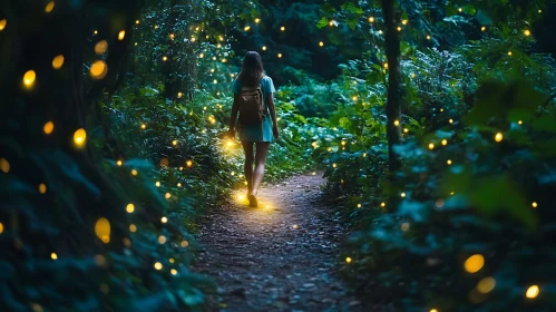 Woman's Journey Through Firefly Forest