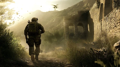 Military Personnel Approaching Ruins