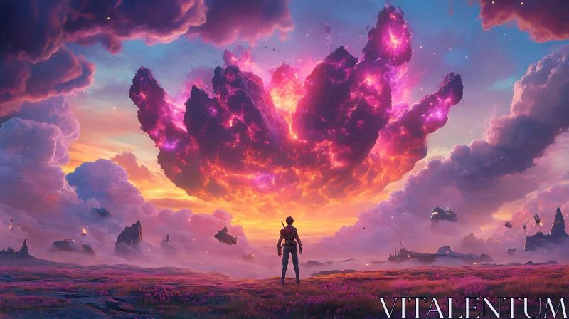 AI ART Surreal Pink Cloudscape with Solitary Figure