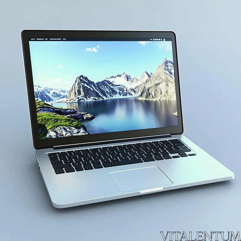 Sleek Laptop Displaying Mountain and Lake Scenery AI Image