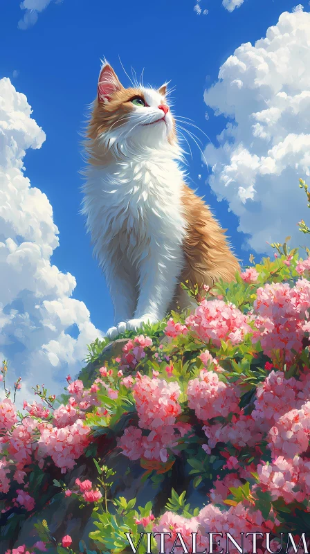 Fluffy Cat Amidst Blooming Flowers AI Image