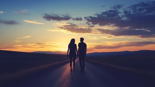 Silhouette of Couple Holding Hands at Sunset