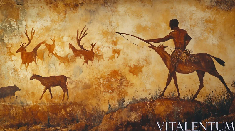 Hunter and Deer: Cave Art Inspired Painting AI Image