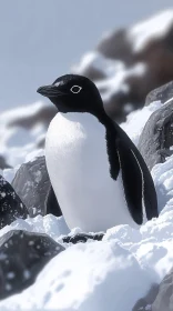 Penguin Among Snowy Rocks