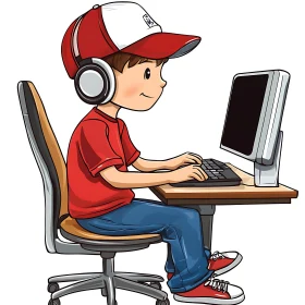 Boy Typing on Computer in Cartoon Illustration