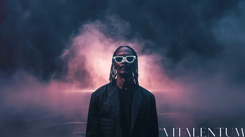 Snoop Dogg Amidst Enigmatic Smoke with Luminous Glasses AI Image