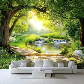 Tranquil Forest Scene with Sunlit Path and Stream