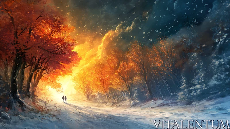 AI ART Winter and Autumn Scenery with Walking People