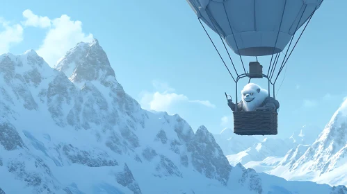 Cartoon Yeti in Mountain Air Balloon