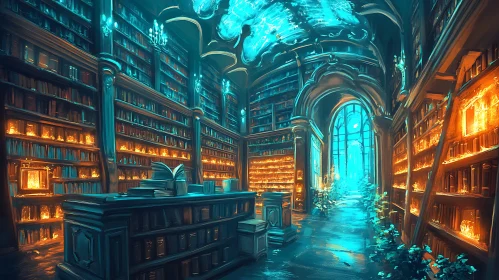 Mystical Library Interior with Glowing Bookshelves