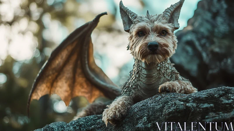 Fantastic Dragon Dog on Stone Ledge AI Image