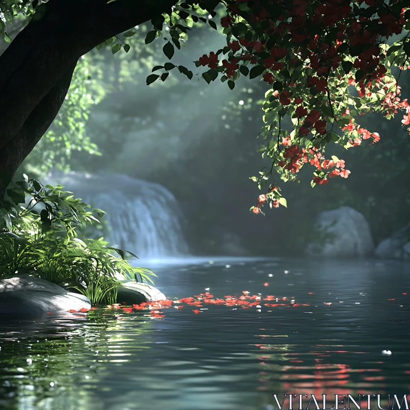 Peaceful Waterscape with Blooming Flowers and Waterfall AI Image