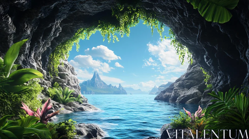 AI ART Tropical Cave Perspective with Ocean and Mountains