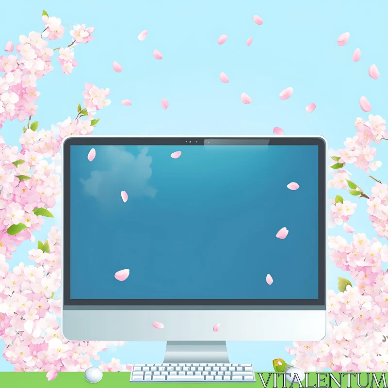 Spring Petals Surrounding Computer Screen AI Image