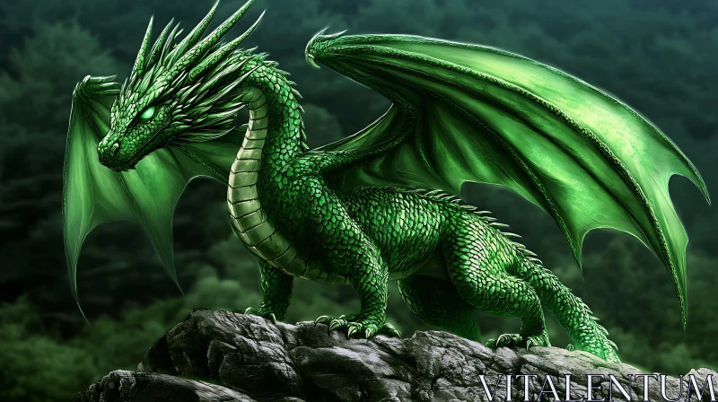 AI ART Green Dragon Perched on Rocks