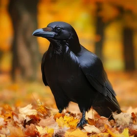 Black Raven on Fall Foliage