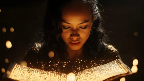 Woman Immersed in a Glowing Book