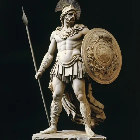 Ancient Warrior Sculpture: Spear and Shield