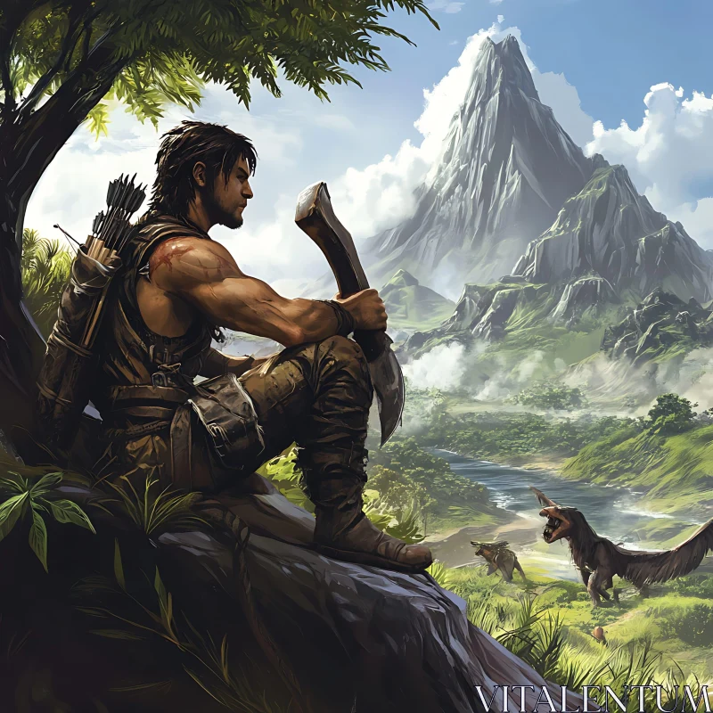 AI ART Fantasy Warrior Overlooking Mountain Vista