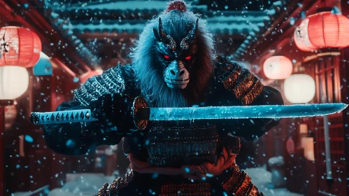 Mystical Samurai in Snowy Ambiance