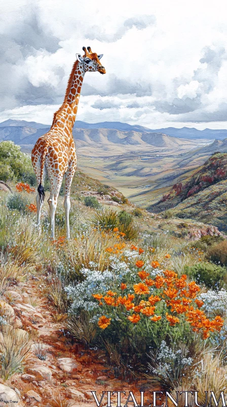 Majestic Giraffe Among Wildflowers AI Image