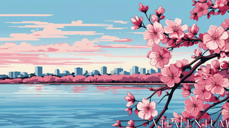 Cherry Blossom City Lake View - Pop Art Inspired Digital Painting AI Image