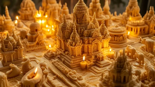 Intricate Temple Sculpture with Candlelight