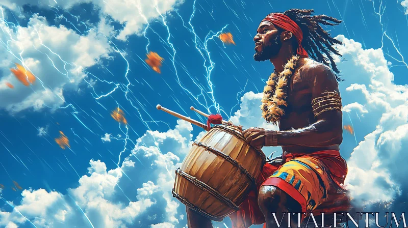 Man Drumming Under Lightning Sky AI Image